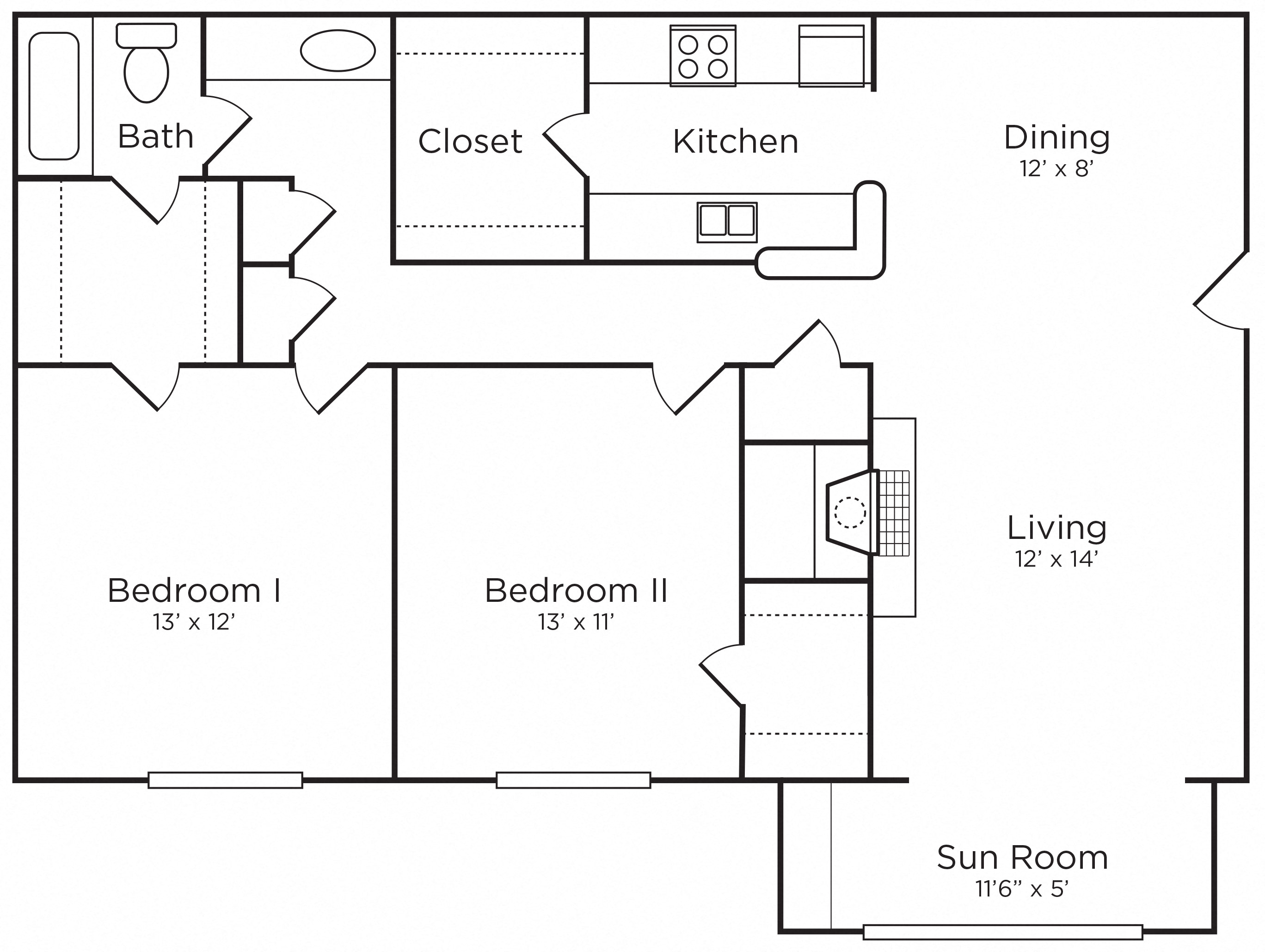 Floor plan for 2 beds, 1 bath, 1140 sqft